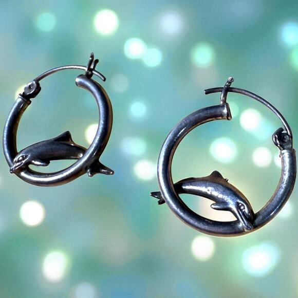 Vintage 925 Dolphin Hoop Earrings Sterling Silver Mermaidcore Sea Jewelry - Picture 1 of 3